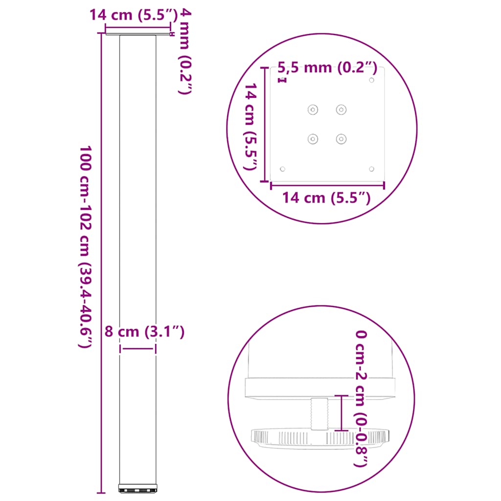 Pieds de table basse acier naturel 4 pcs 100-102 cm acier Pieds de table vidaXL