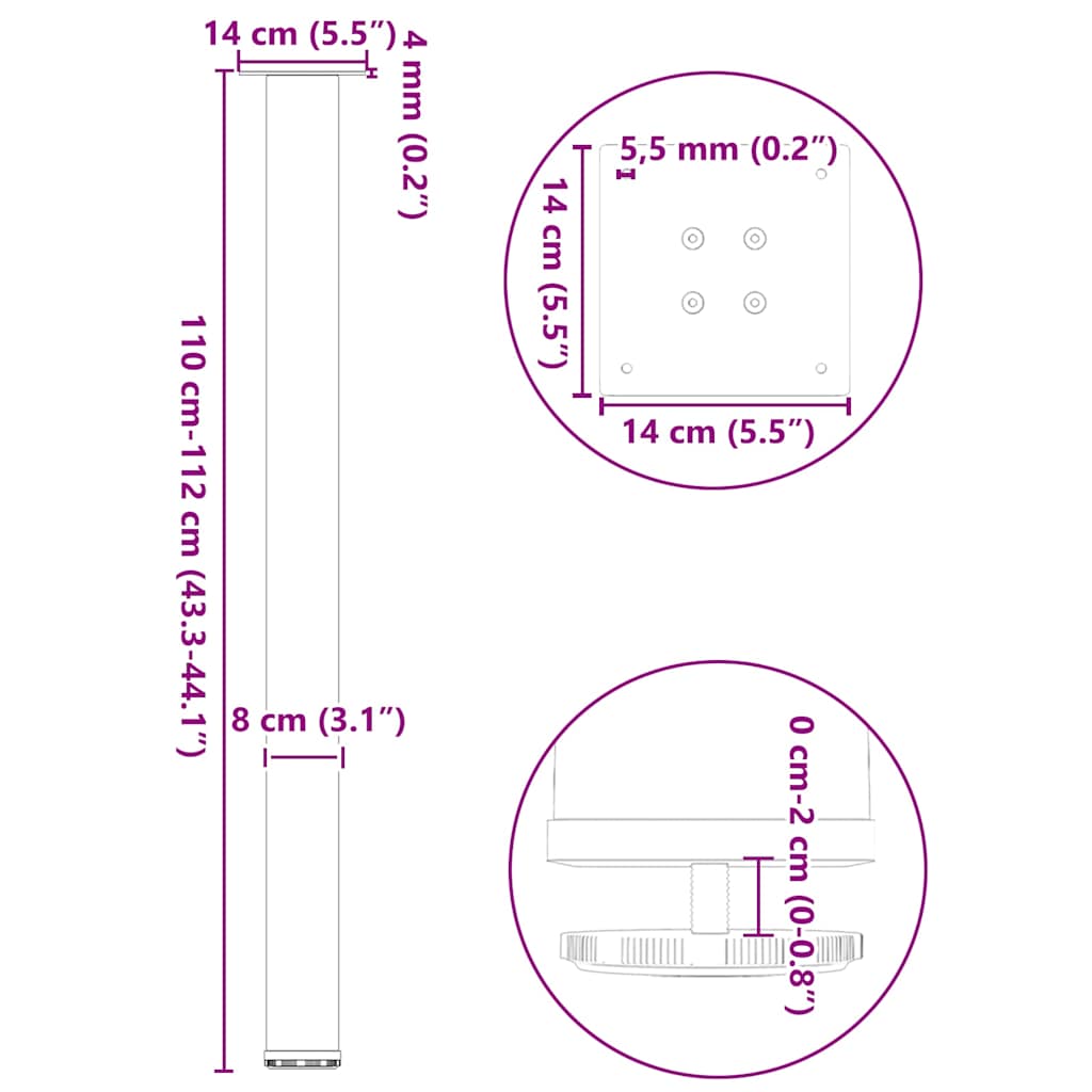 Pieds de table basse noir 4 pcs 110-112 cm acier Pieds de table vidaXL