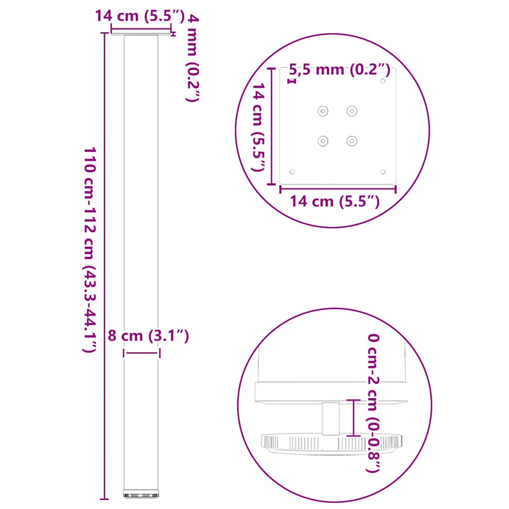 Pieds de table basse blanc 4 pcs 110-112 cm acier Pieds de table vidaXL