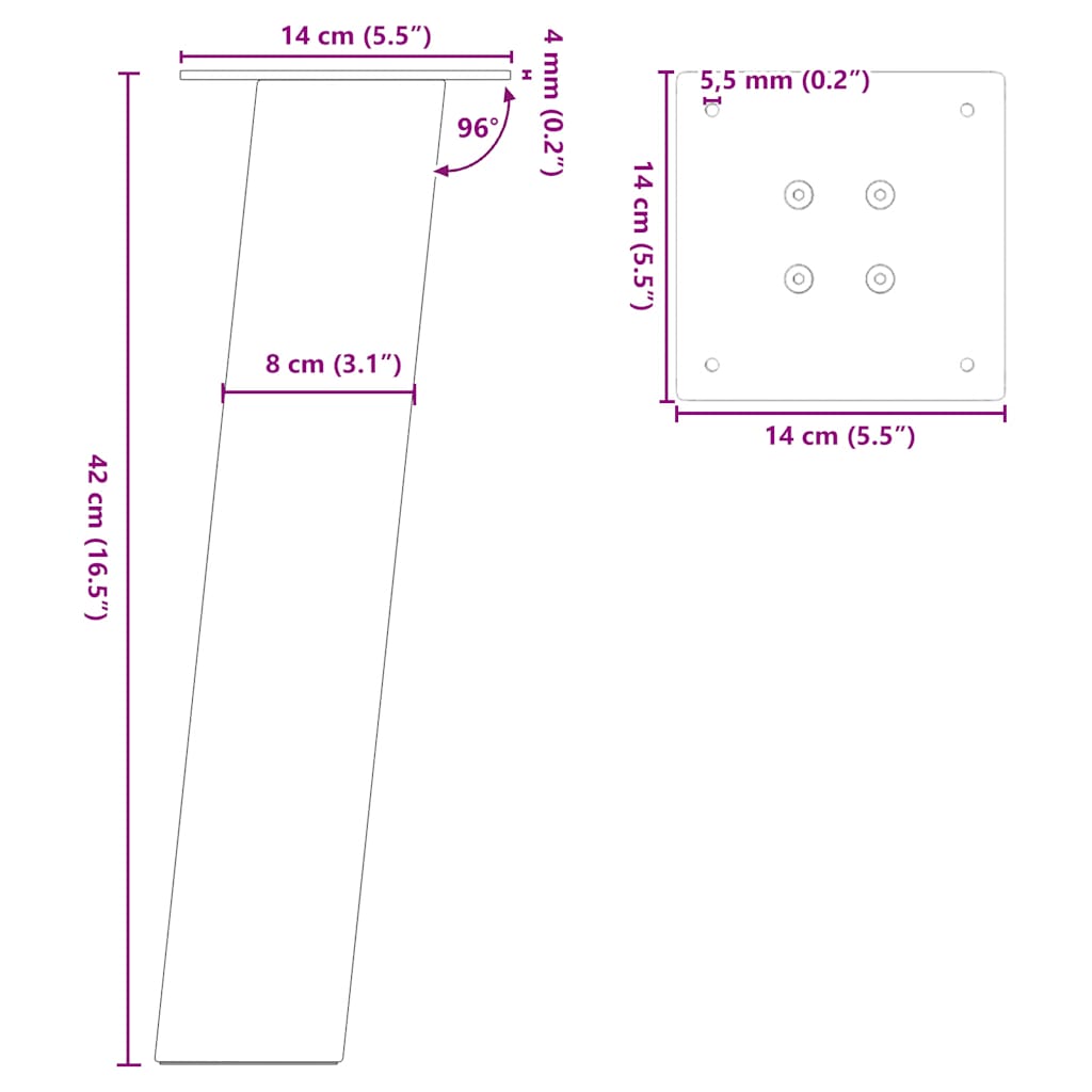 Pieds de table basse acier naturel 4 pcs 42 cm acier Pieds de table vidaXL