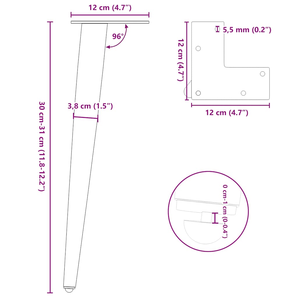 Pieds de table basse forme conique 4 pcs blanc 30-31 cm acier Pieds de table vidaXL   