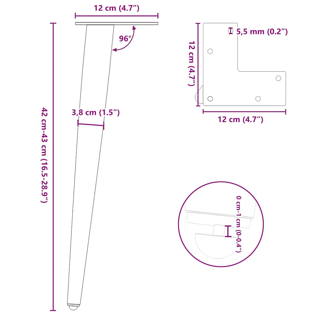 Pieds de table basse forme conique 4 pcs acier naturel 42-43 cm Pieds de table vidaXL