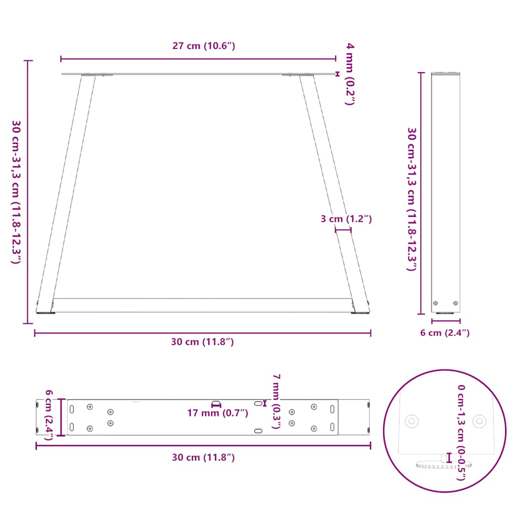 Pieds de table à manger forme V 2pcs blanc 30x(30-31,3)cm acier Pieds de table vidaXL