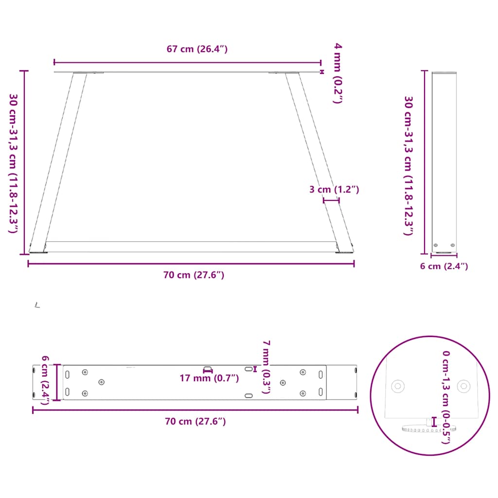 Pieds de table à manger forme V 2 pcs noir 70x(30-31,3)cm acier Pieds de table vidaXL