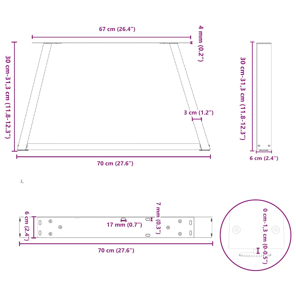 Pieds de table à manger forme V 2pcs blanc 70x(30-31,3)cm acier Pieds de table vidaXL