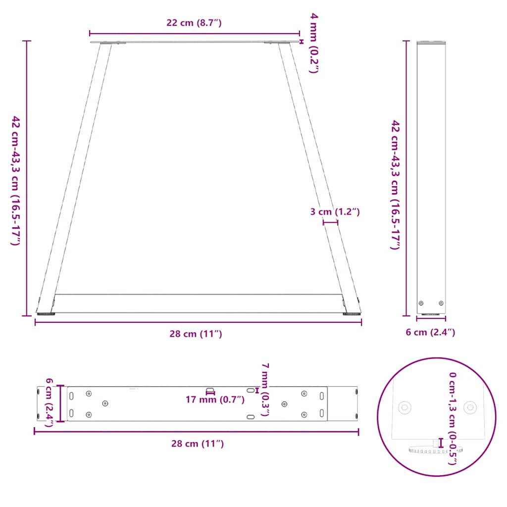 Pieds de table à manger en forme de V 2 pcs noir 28x(42-43,3)cm Pieds de table vidaXL