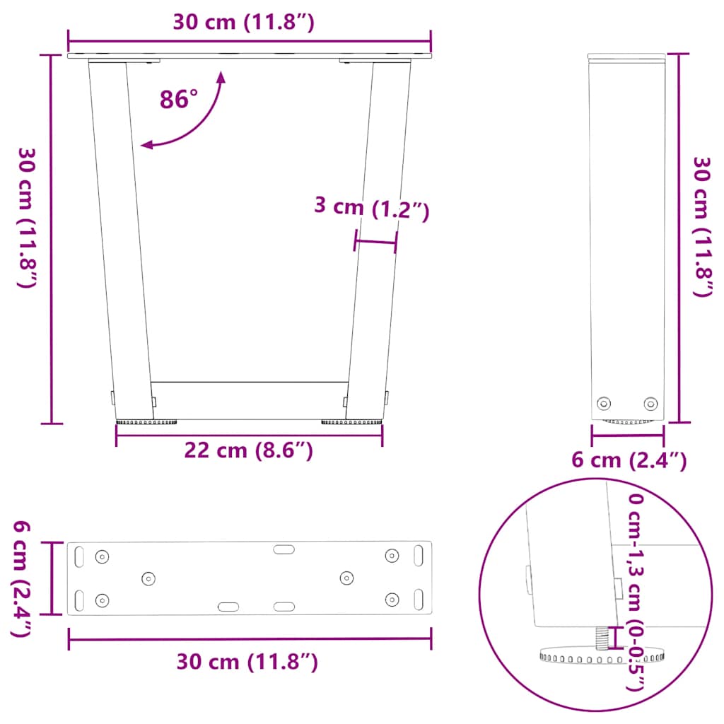 Pieds de table à manger forme V 2 pcs noir 30x(30-31,3)cm acier Pieds de table vidaXL