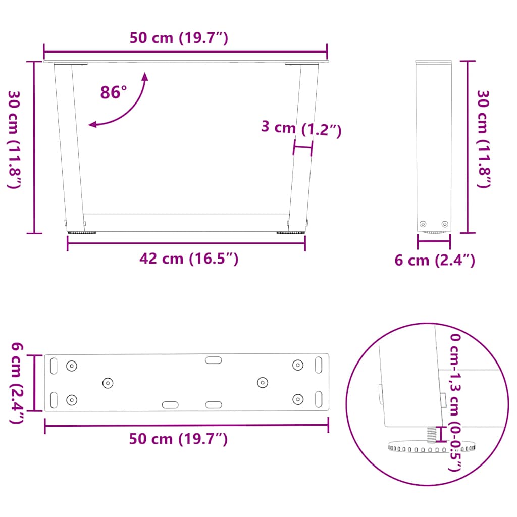 Pieds de table à manger forme V 2 pcs noir 50x(30-31,3)cm acier Pieds de table vidaXL