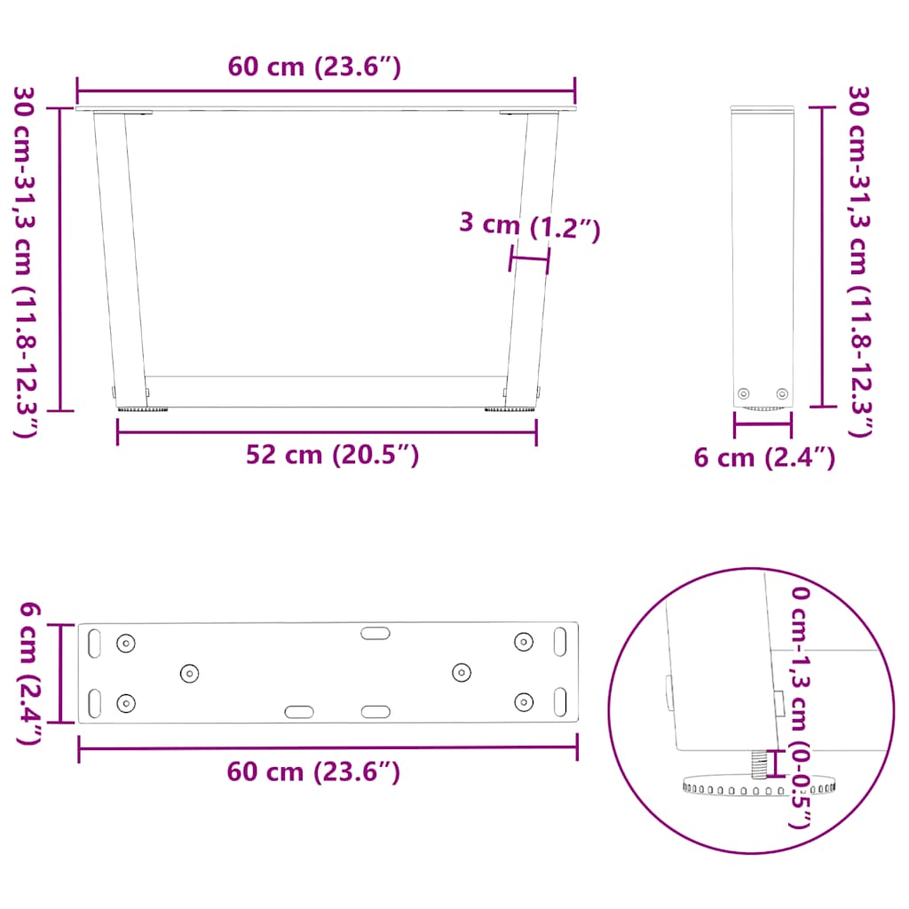 Pieds de table à manger forme V 2 pcs noir 60x(30-31,3)cm acier Pieds de table vidaXL