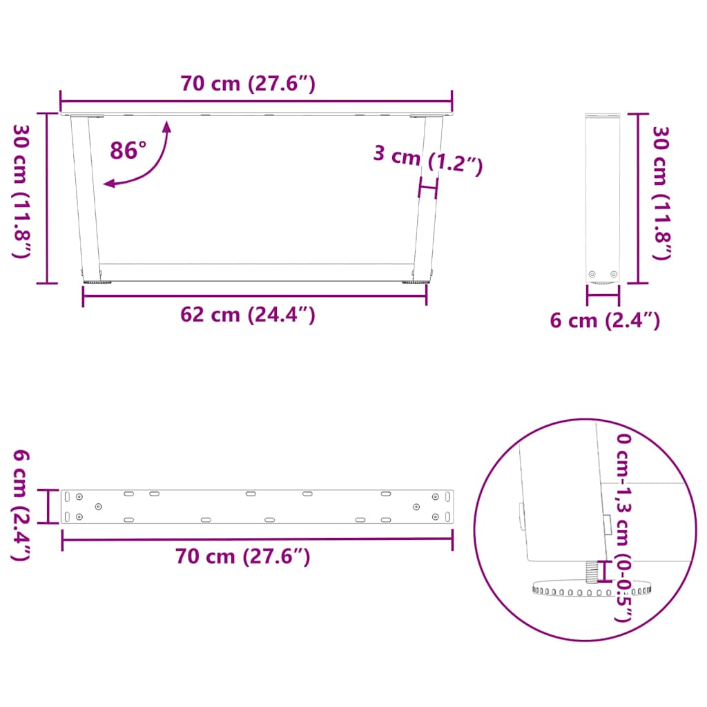 Pieds de table à manger forme V 2 pcs noir 70x(30-31,3)cm acier Pieds de table vidaXL