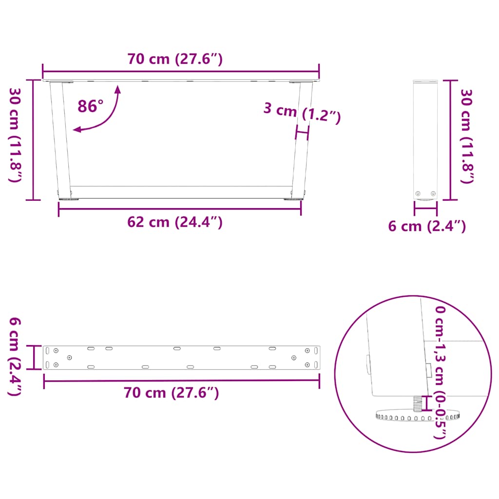 Pieds de table à manger forme V 2pcs blanc 70x(30-31,3)cm acier Pieds de table vidaXL