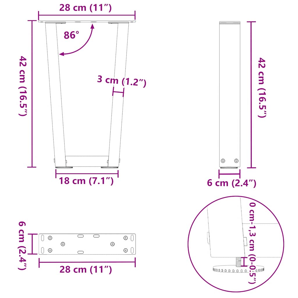 Pieds de table à manger en forme de V 2 pcs noir 28x(42-43,3)cm Pieds de table vidaXL