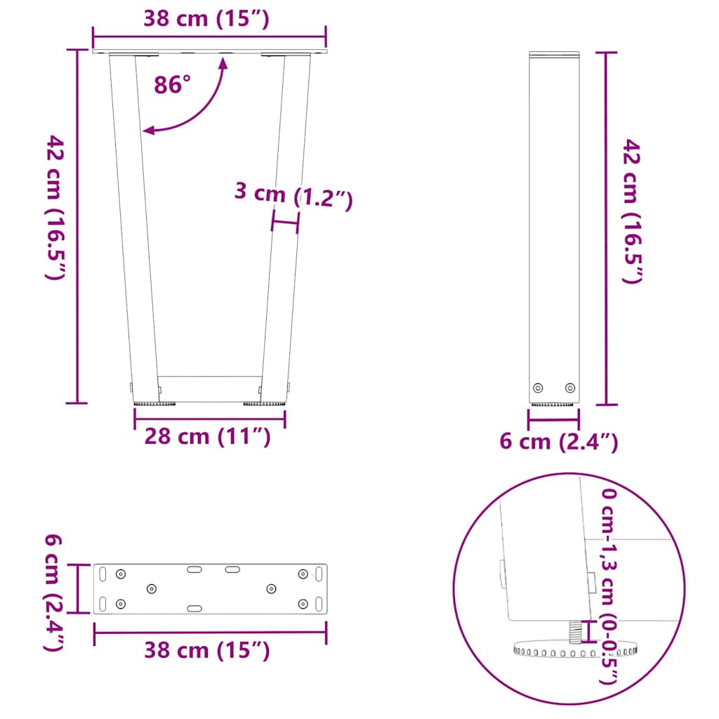 Pieds de table à manger forme de V 2 pcs blanc 38x(42-43,3) cm Pieds de table vidaXL