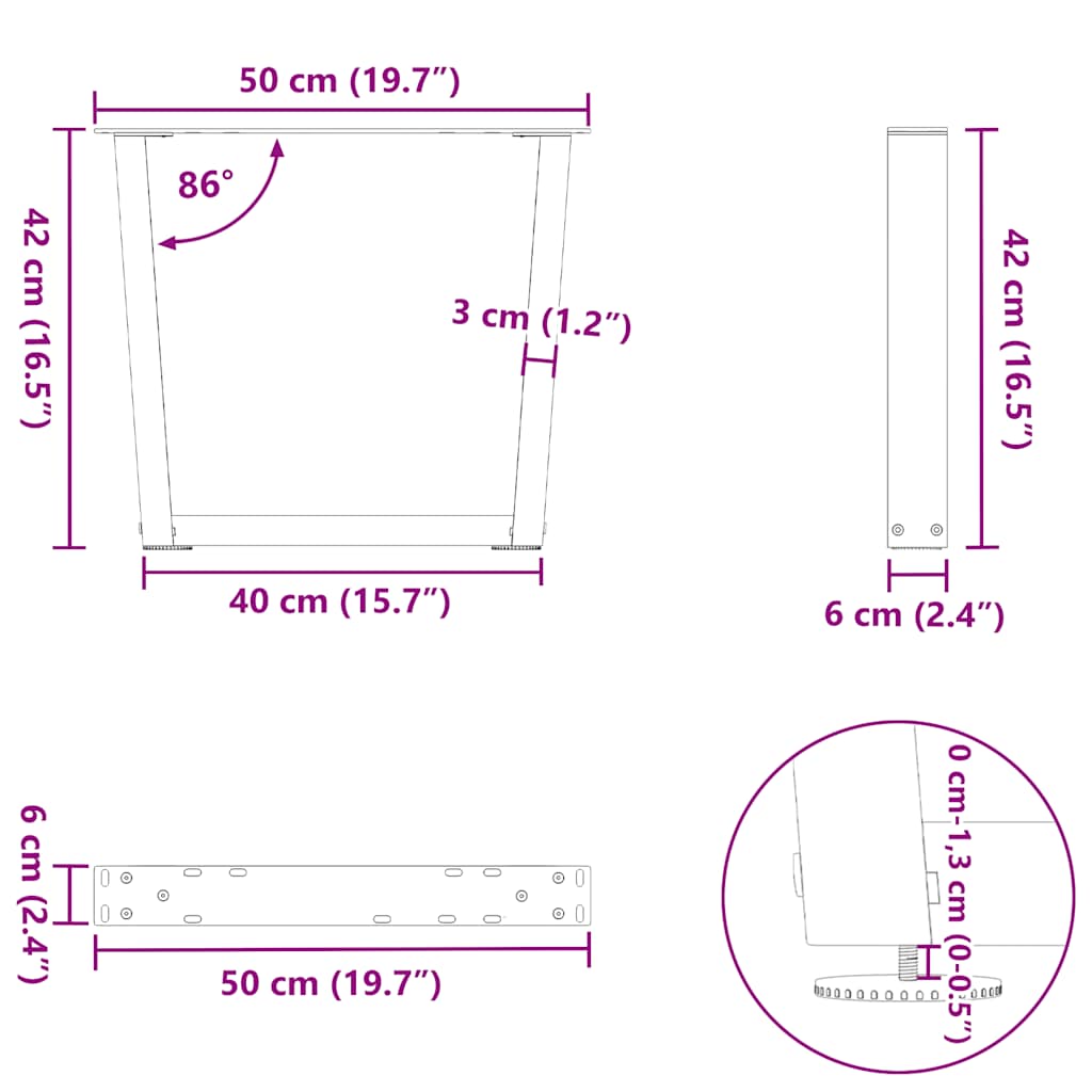 Pieds de table à manger forme V 2 pcs noir 50x(42-43,3)cm acier Pieds de table vidaXL