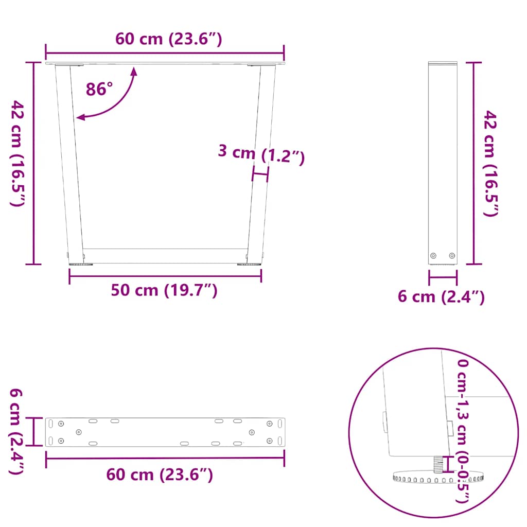 Pieds de table à manger forme V 2 pcs noir 60x(42-43,3)cm acier Pieds de table vidaXL