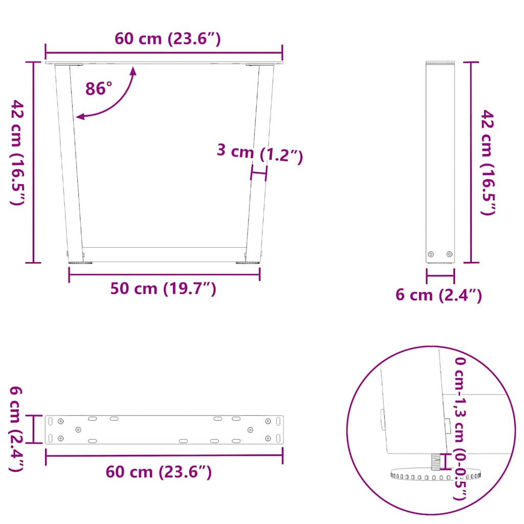 Pieds de table à manger forme V 2pcs blanc 60x(42-43,3)cm acier Pieds de table vidaXL