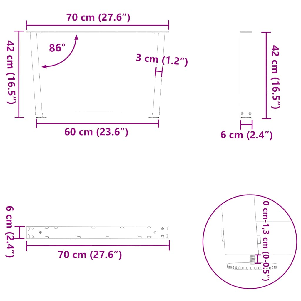 Pieds de table à manger forme V 2 pcs noir 70x(42-43,3)cm acier Pieds de table vidaXL