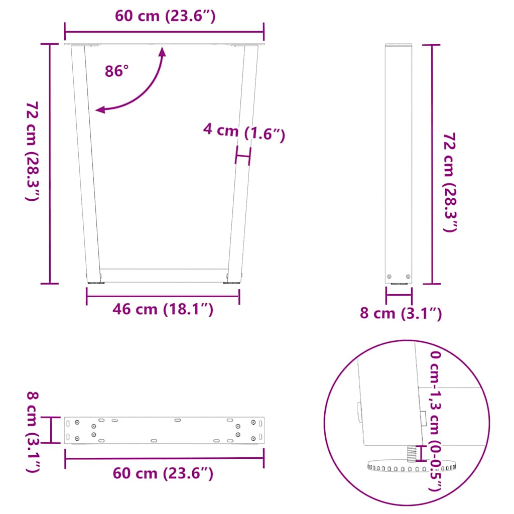 Pieds de table à manger forme de V 2 pcs noir 60x(72-73,3) cm Pieds de table vidaXL