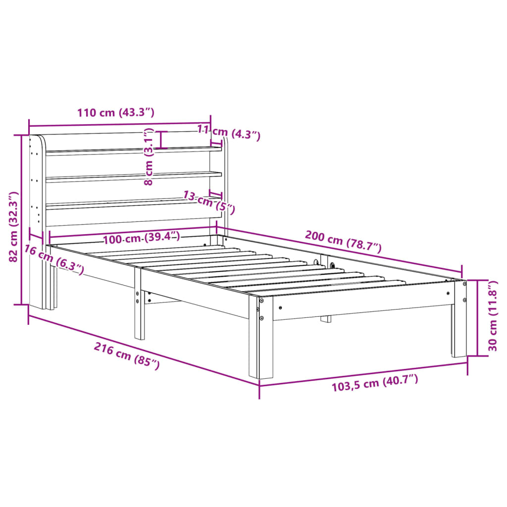 Cadre de lit sans matelas cire marron 100x200cm bois pin massif Lits & cadres de lit vidaXL   