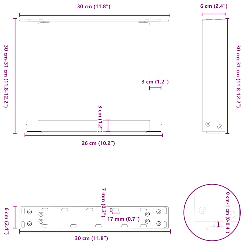 Pieds de table basse forme de U 2 pcs blanc 30x(30-31) cm acier Pieds de table vidaXL