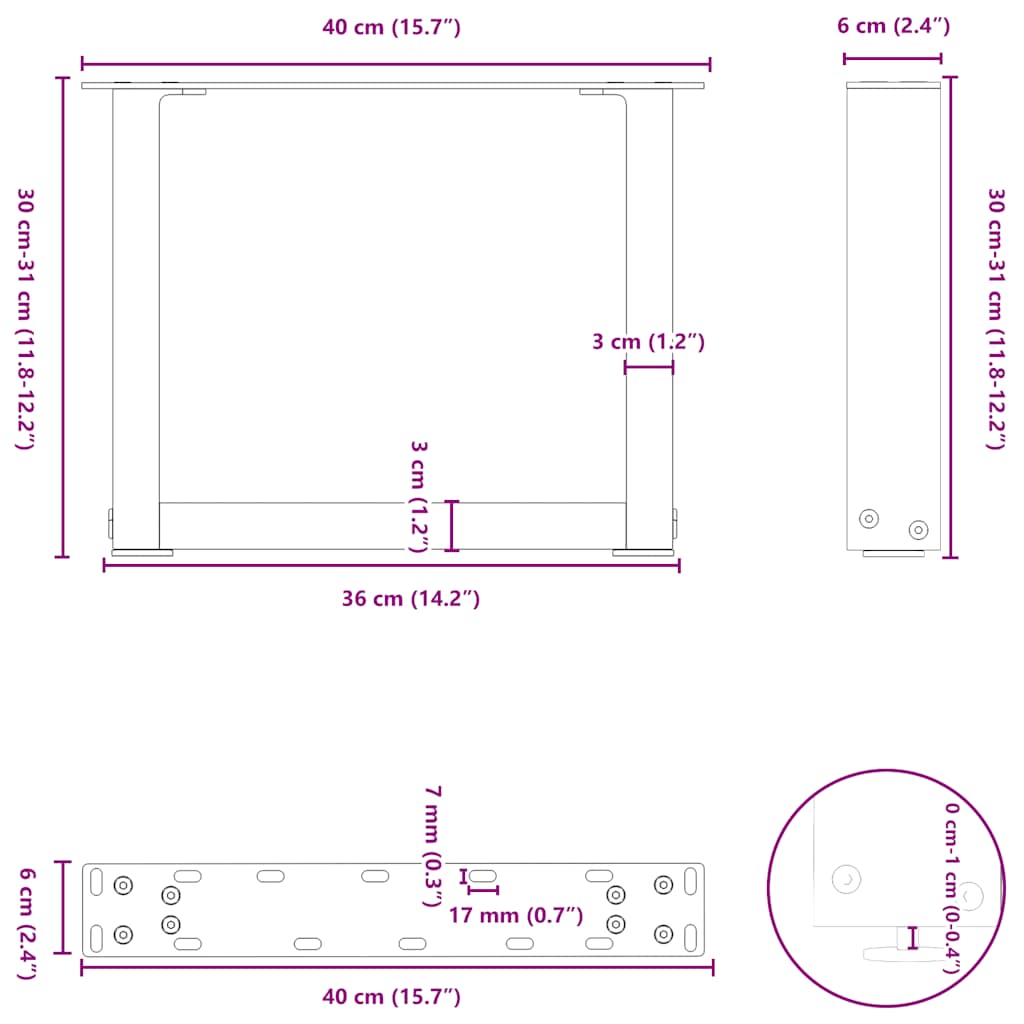 Pieds de table basse forme de U 2 pcs blanc 40x(30-31) cm acier Pieds de table vidaXL