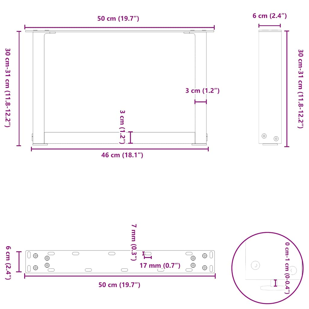 Pieds de table basse forme de U 2 pcs noir 50x(30-31) cm acier Pieds de table vidaXL