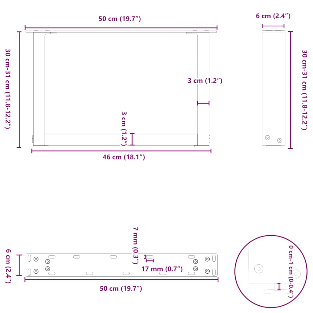 Pieds de table basse forme de U 2 pcs blanc 50x(30-31) cm acier Pieds de table vidaXL