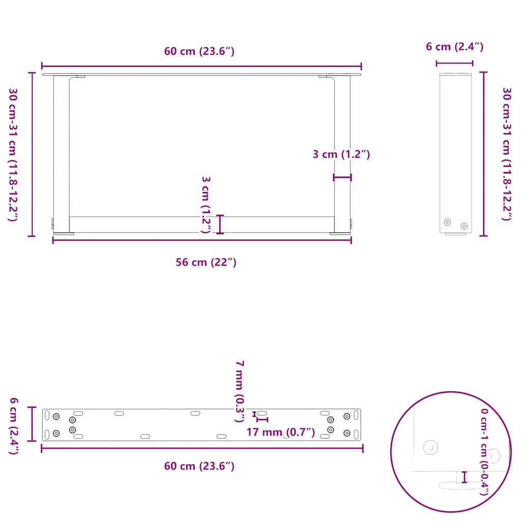 Pieds de table basse forme de U 2 pcs noir 60x(30-31) cm acier Pieds de table vidaXL