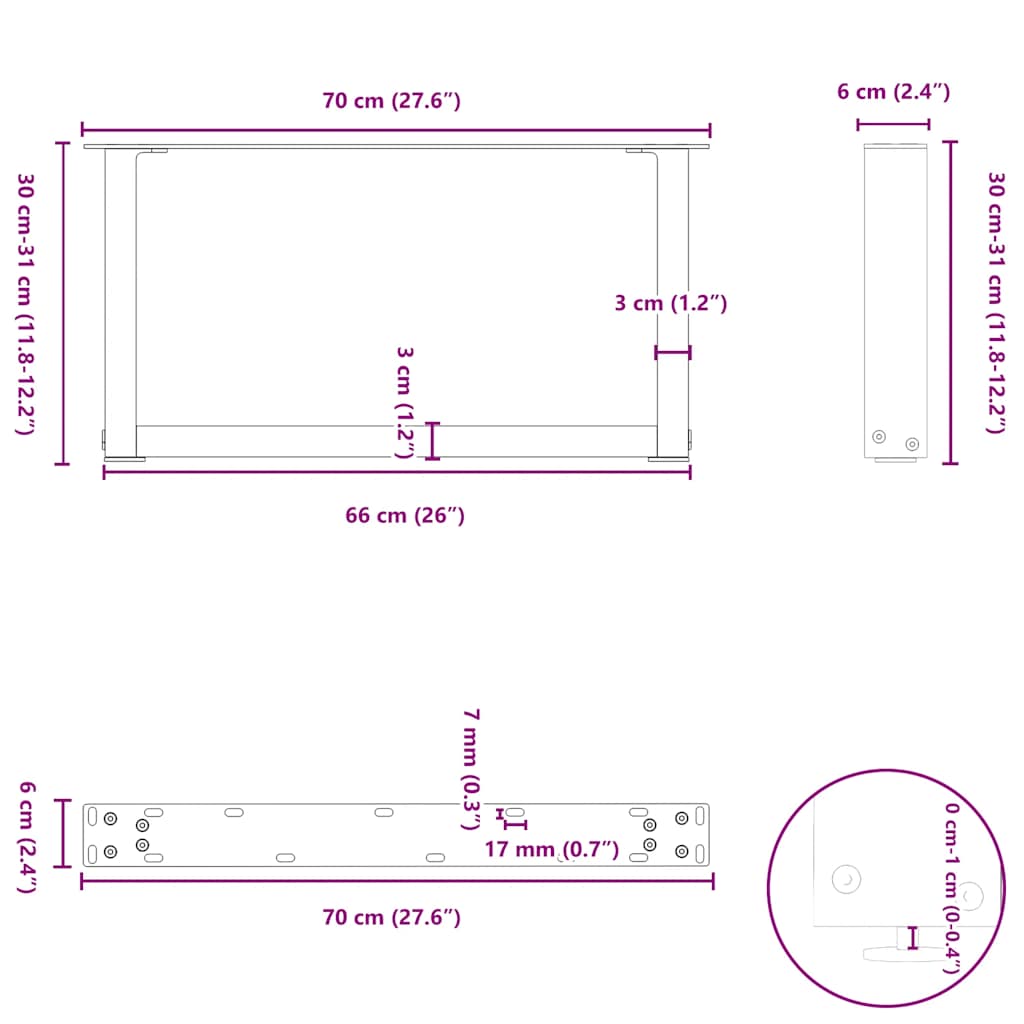 Pieds de table basse forme de U 2 pcs noir 70x(30-31) cm acier Pieds de table vidaXL