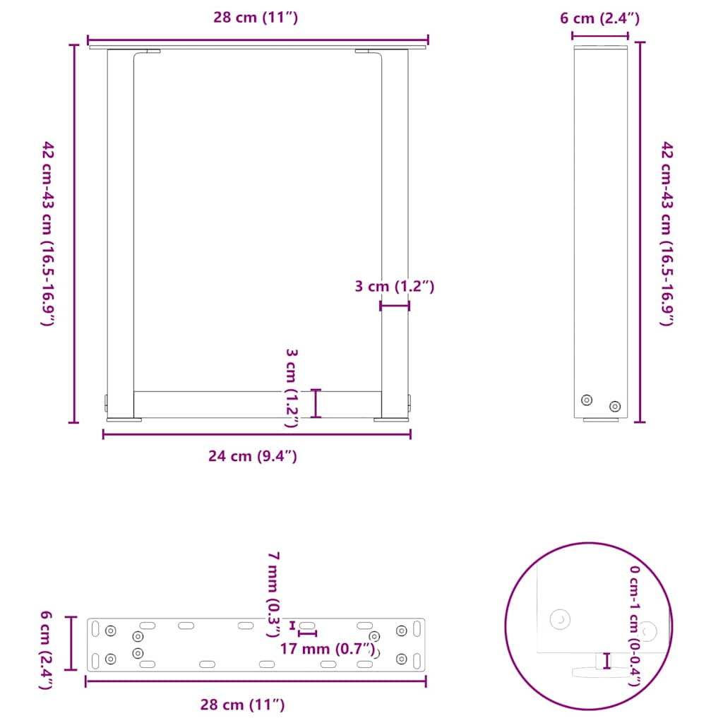 Pieds de table basse forme de U 2 pcs noir 28x(42-43) cm acier Pieds de table vidaXL