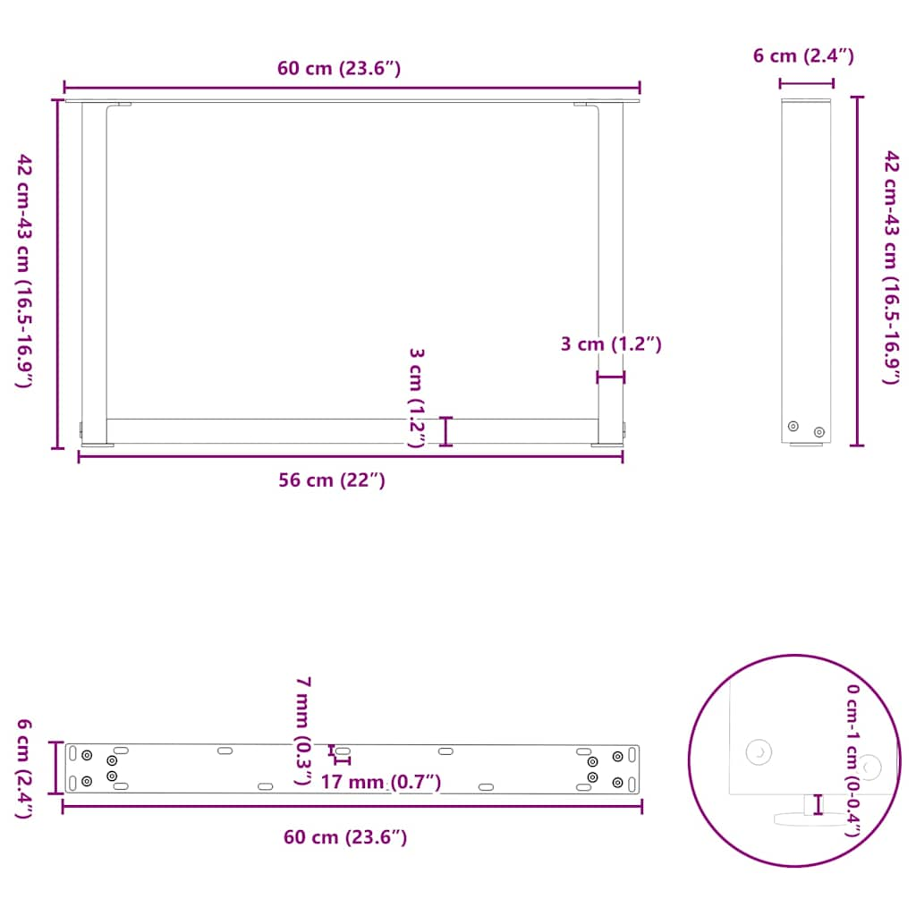 Pieds de table basse forme de U 2 pcs noir 60x(42-43) cm acier Pieds de table vidaXL