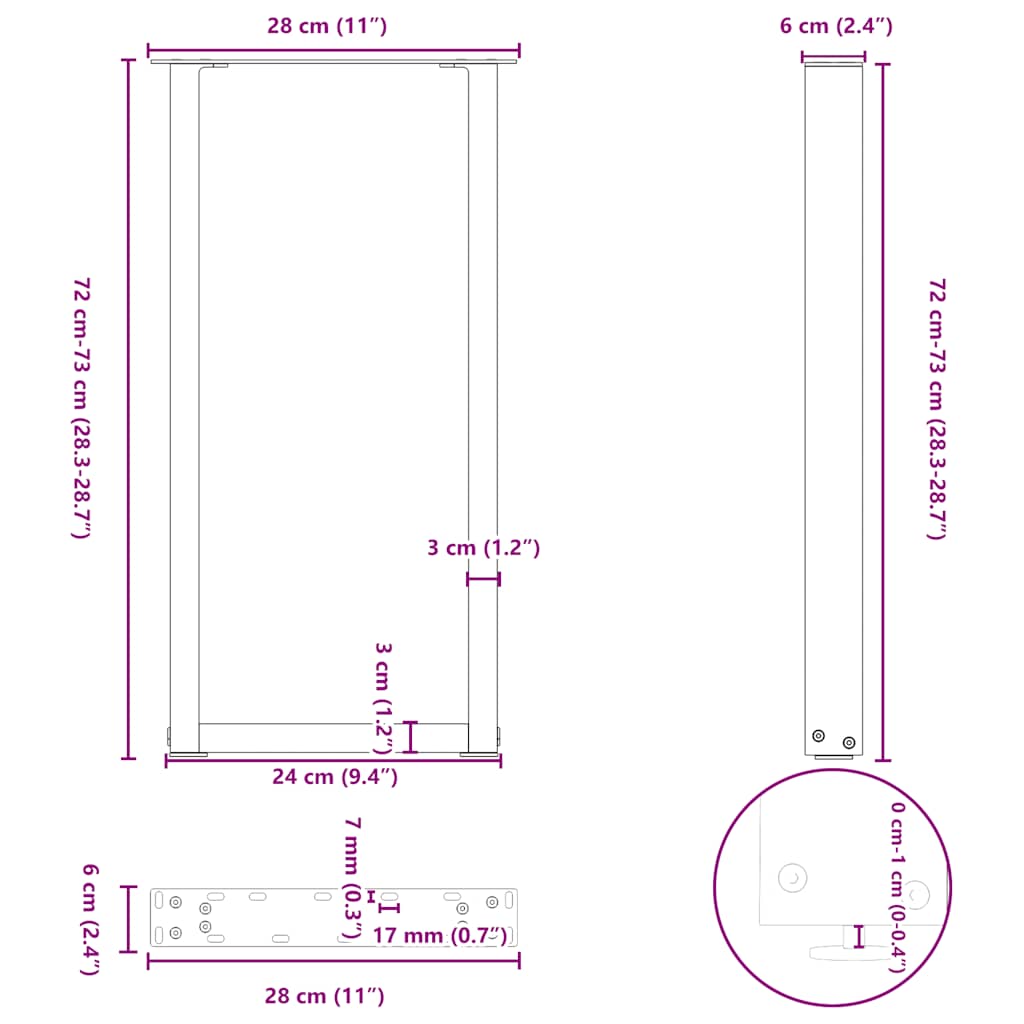 Pieds de table basse forme de U 2 pcs noir 28x(72-73) cm acier Pieds de table vidaXL