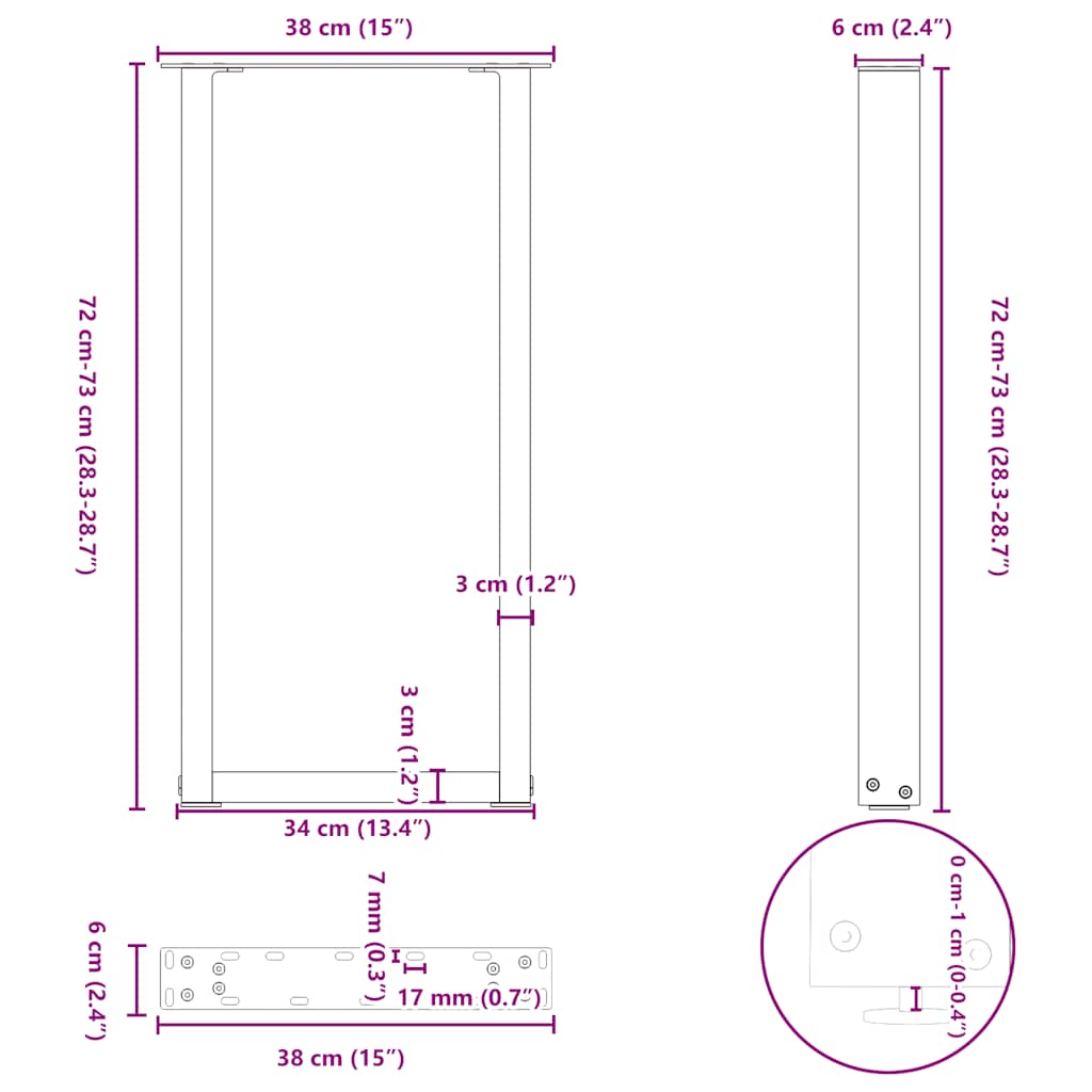 Pieds de table basse forme de U 2 pcs noir 38x(72-73) cm acier Pieds de table vidaXL