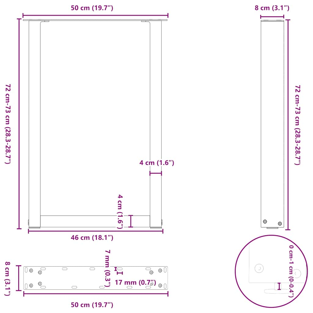 Pieds de table basse forme de U 2 pcs noir 50x(72-73) cm acier Pieds de table vidaXL