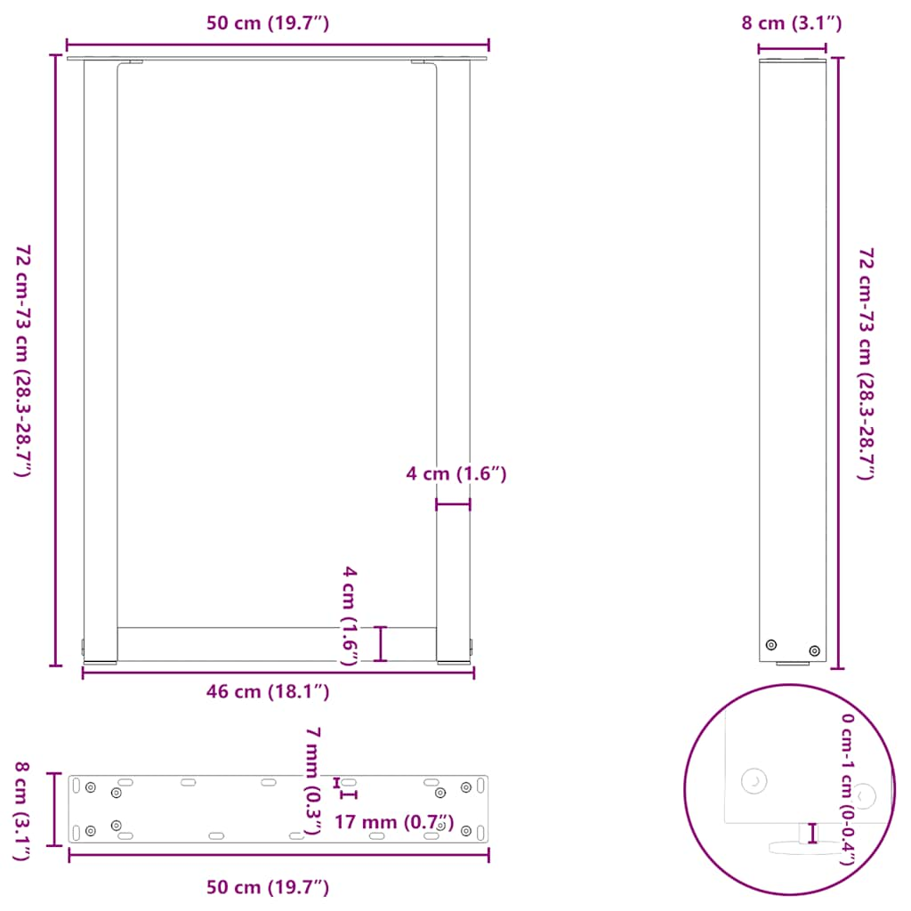 Pieds de table basse forme de U 2 pcs blanc 50x(72-73) cm acier Pieds de table vidaXL