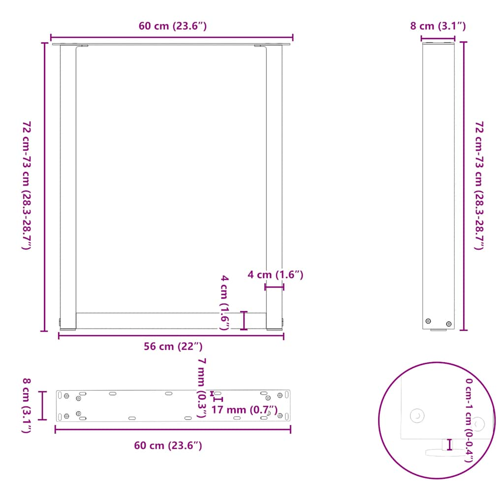 Pieds de table basse forme de U 2 pcs noir 60x(72-73) cm acier Pieds de table vidaXL