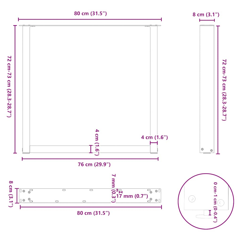 Pieds de table basse forme de U 2 pcs blanc 80x(72-73) cm acier Pieds de table vidaXL