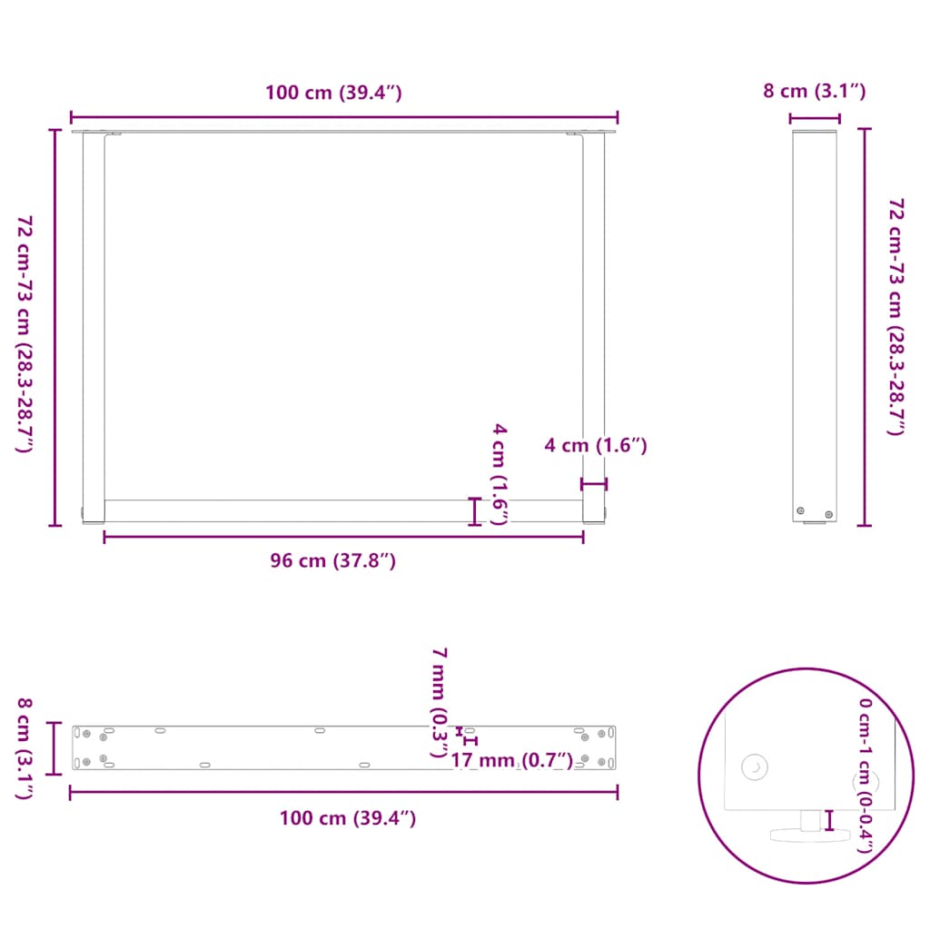 Pieds de table basse forme de U 2 pcs noir 100x(72-73) cm acier Pieds de table vidaXL