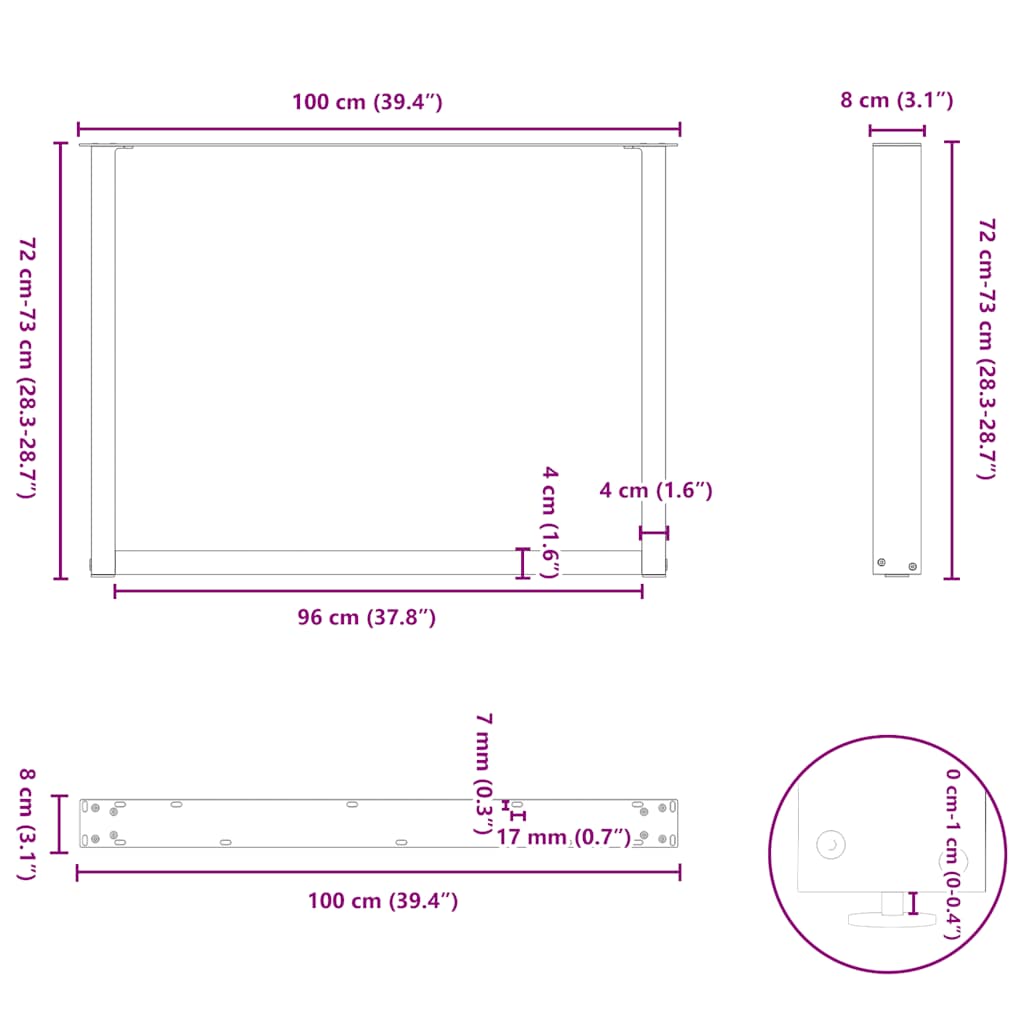 Pieds de table basse forme de U 2 pcs blanc 100x(72-73)cm acier Pieds de table vidaXL