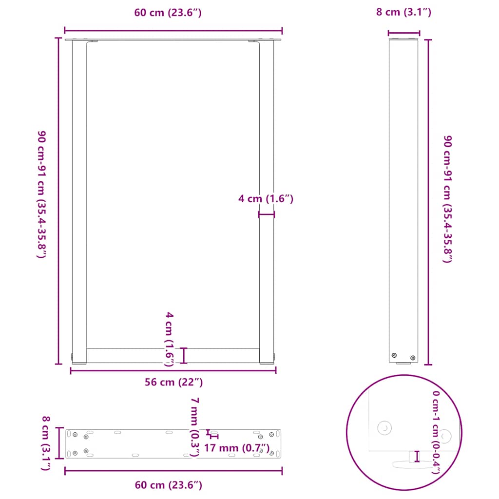 Pieds de table basse forme de U 2 pcs noir 60x(90-91) cm acier Pieds de table vidaXL