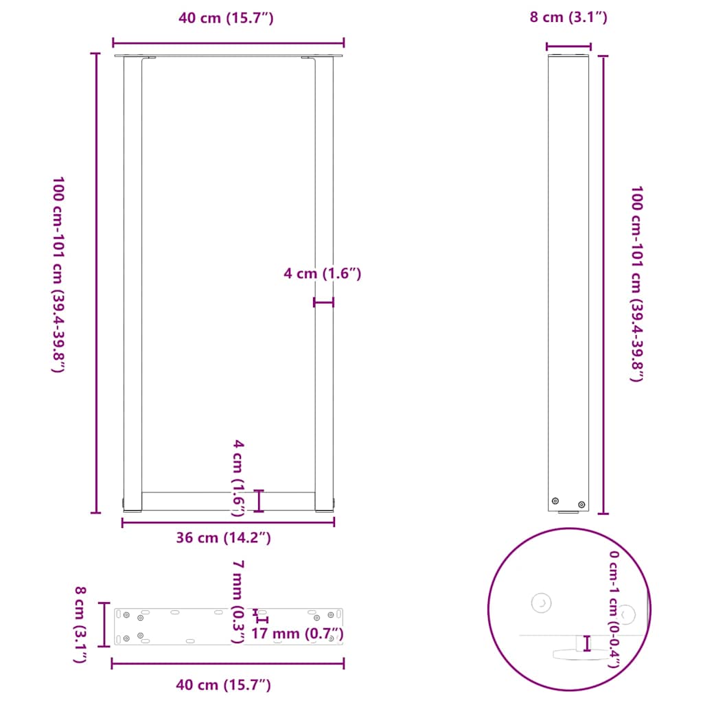 Pieds de table basse forme de U 2 pcs noir 40x(100-101)cm acier Pieds de table vidaXL