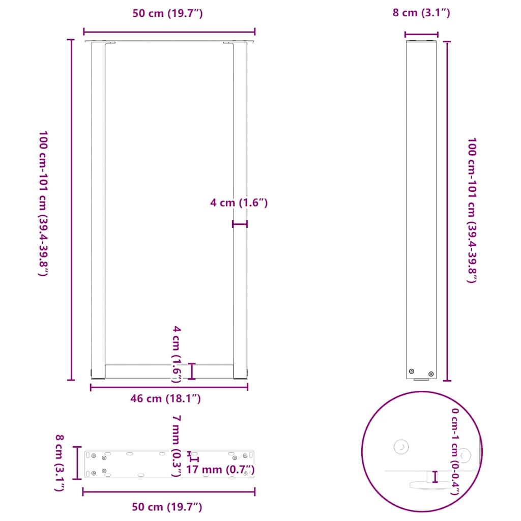 Pieds de table basse forme de U 2 pcs noir 50x(100-101)cm acier Pieds de table vidaXL