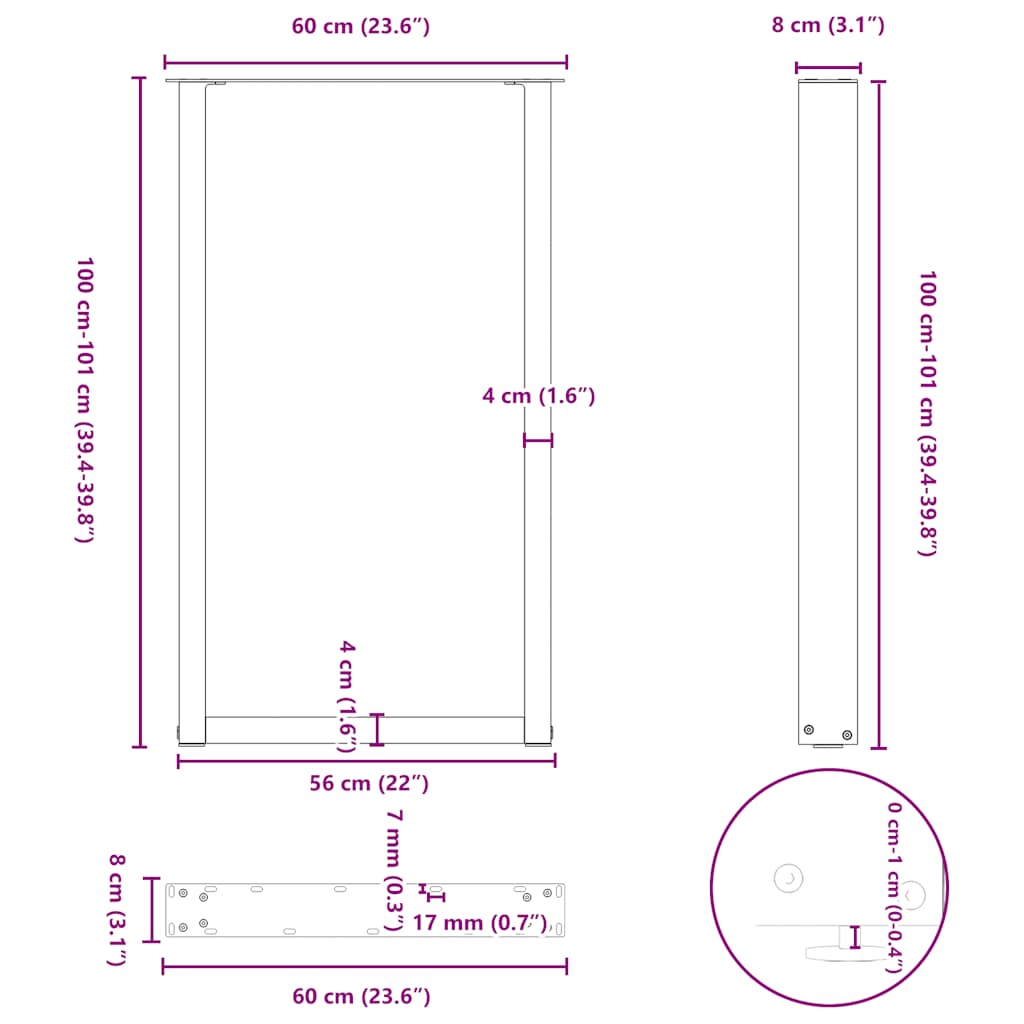 Pieds de table basse forme de U 2pcs blanc 60x(100-101)cm acier Pieds de table vidaXL