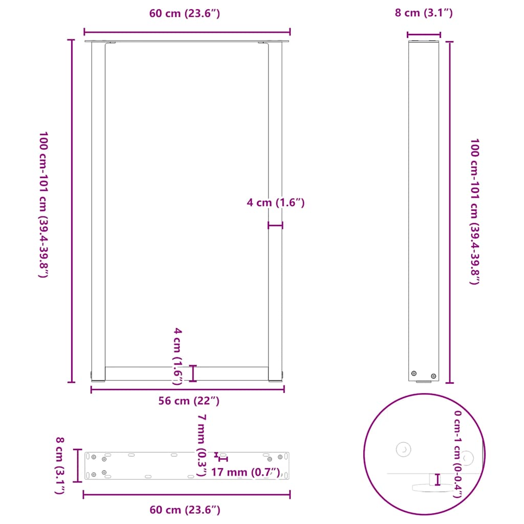 Pieds de table basse forme de U 2 pcs anthracite 60x(100-101)cm Pieds de table vidaXL