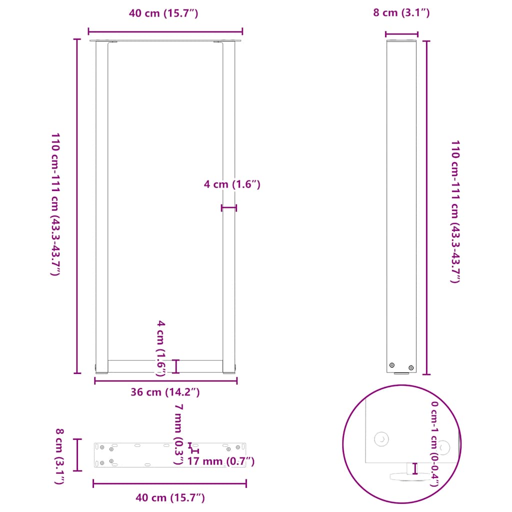 Pieds de table basse forme de U 2 pcs noir 40x(110-111)cm acier Pieds de table vidaXL