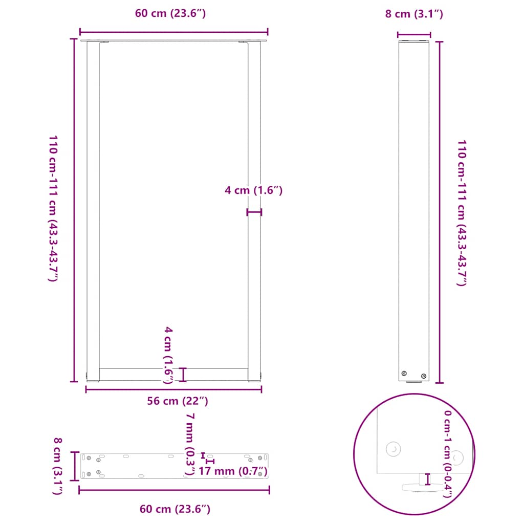 Pieds de table basse forme de U 2 pcs noir 60x(110-111)cm acier Pieds de table vidaXL