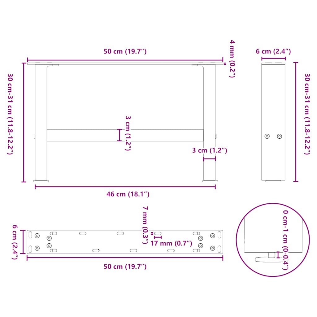 Pieds de table basse noir 2 pcs 30×50 cm acier Pieds de table vidaXL   