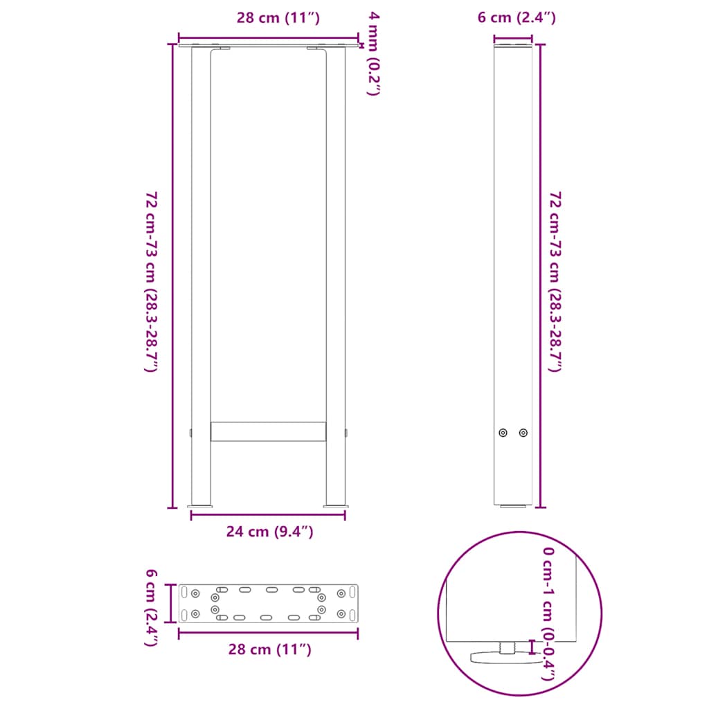 Pieds de table basse noir 2 pcs 28x(72-73) cm acier Pieds de table vidaXL   