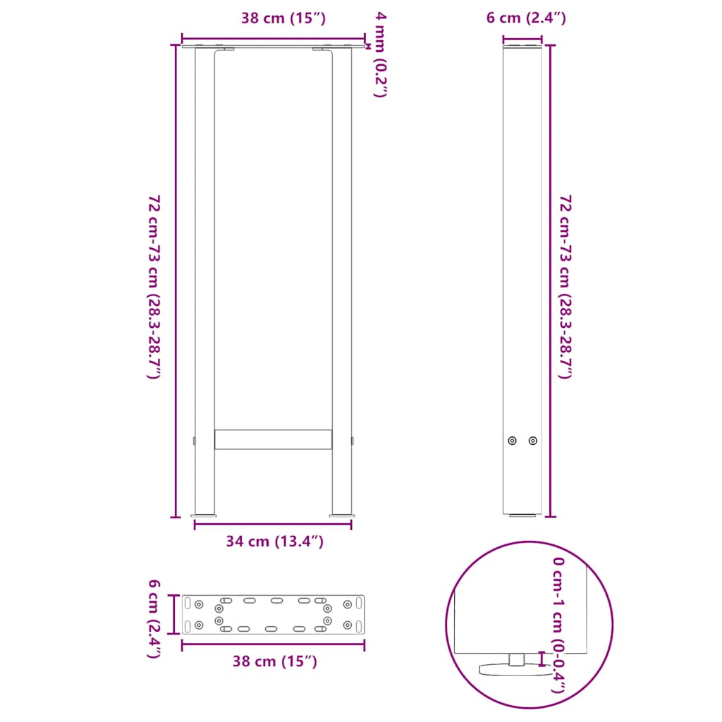 Pieds de table basse noir 2 pcs 38x(72-73) cm acier Pieds de table vidaXL   