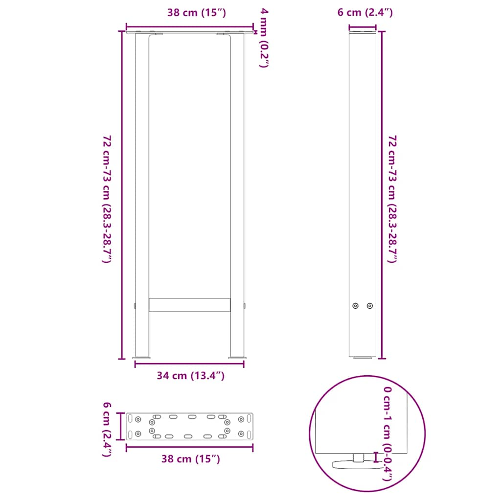 Pieds de table basse anthracite 2 pcs 38x(72-73) cm acier Pieds de table vidaXL   